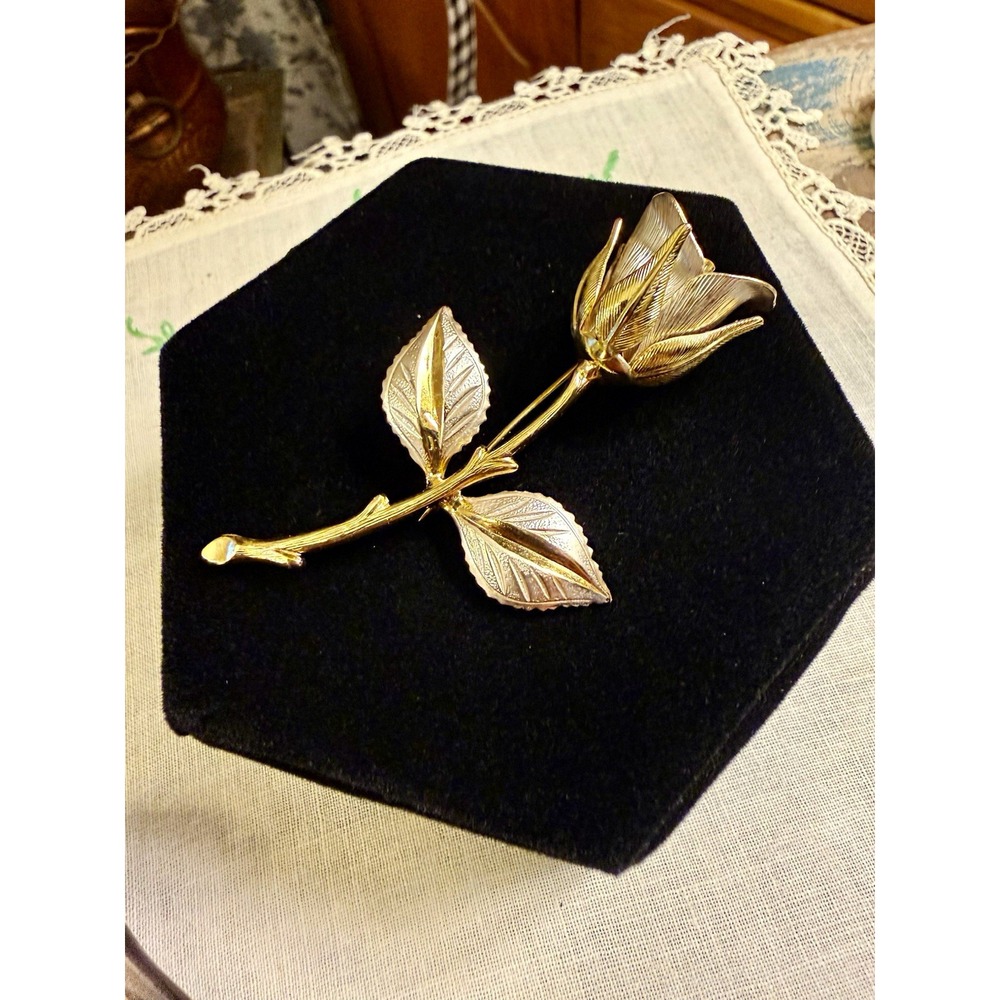 Gold & Silver Tone Rose Flower Brooch Pin w/ Leaves - Metal, No Stone